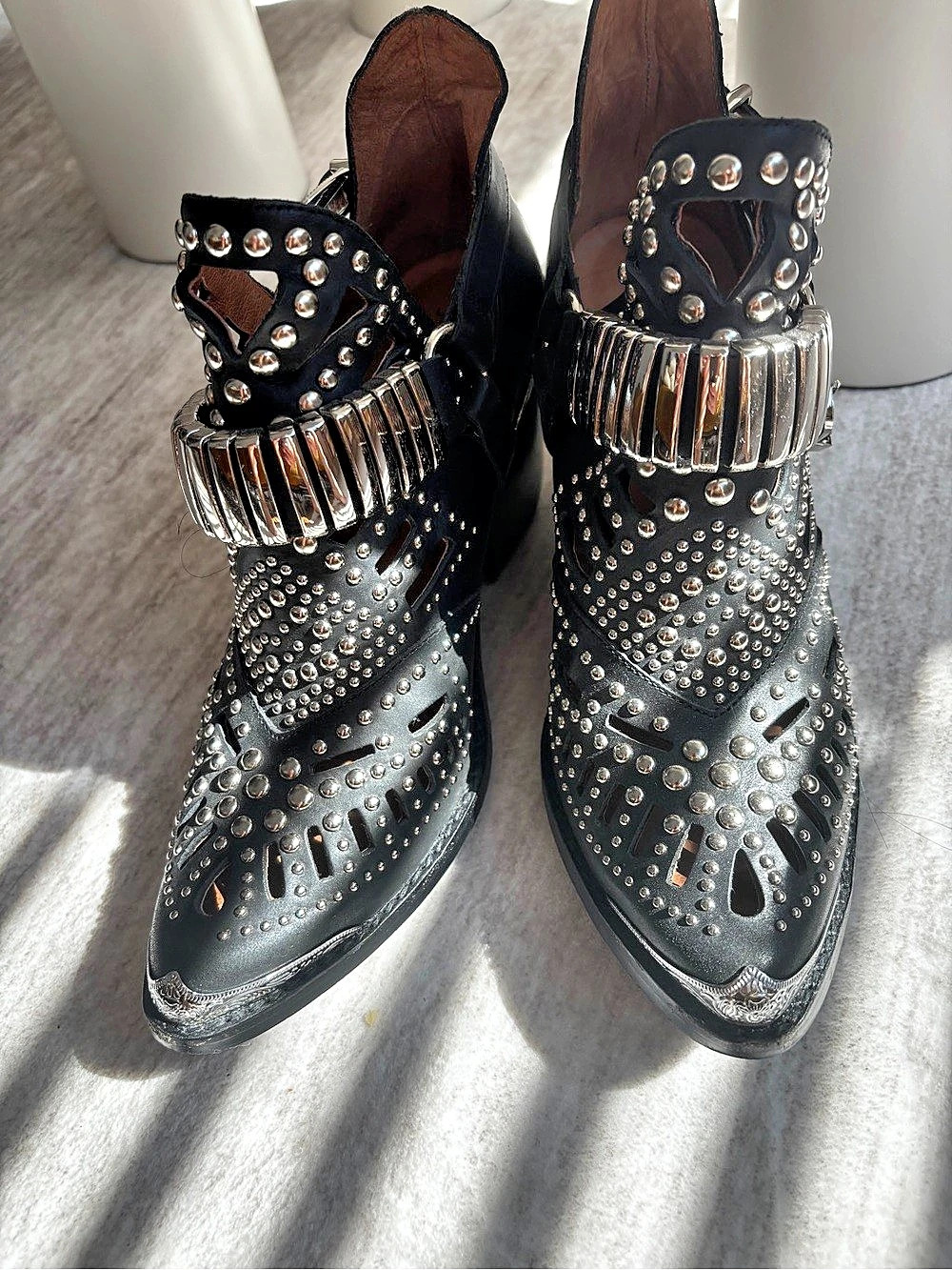 Jeffrey Campbell Emilia Buckle Cutout Boot Studded Boots Black & Silver